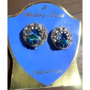 Whiting & Davis Vintage Clip-on Earrings SIlver Blue Stone Wreath Holiday Xmas